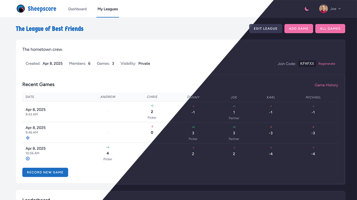 Sheepscore League Dashboard in Light and Dark Mode